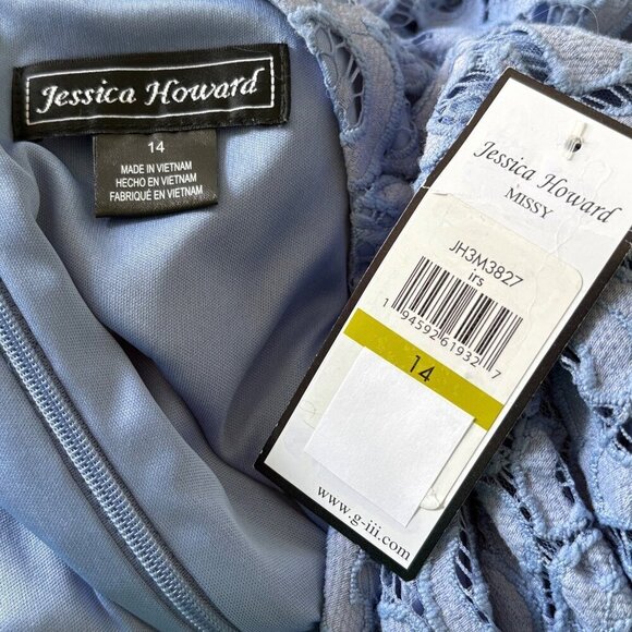 Jessica Howard NWT $118 Blue Lace Overlay A-Line Dress, Puff Sleeves Women's 14 - Picture 7 of 8
